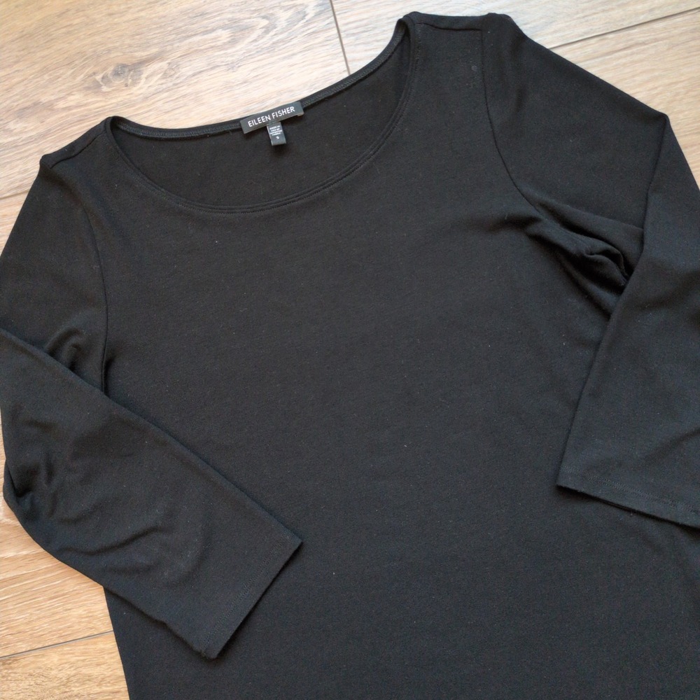 Eileen Fisher 3/4 Sleeve Top Black Scoop Neck Basics Capsule Stretch USA Small